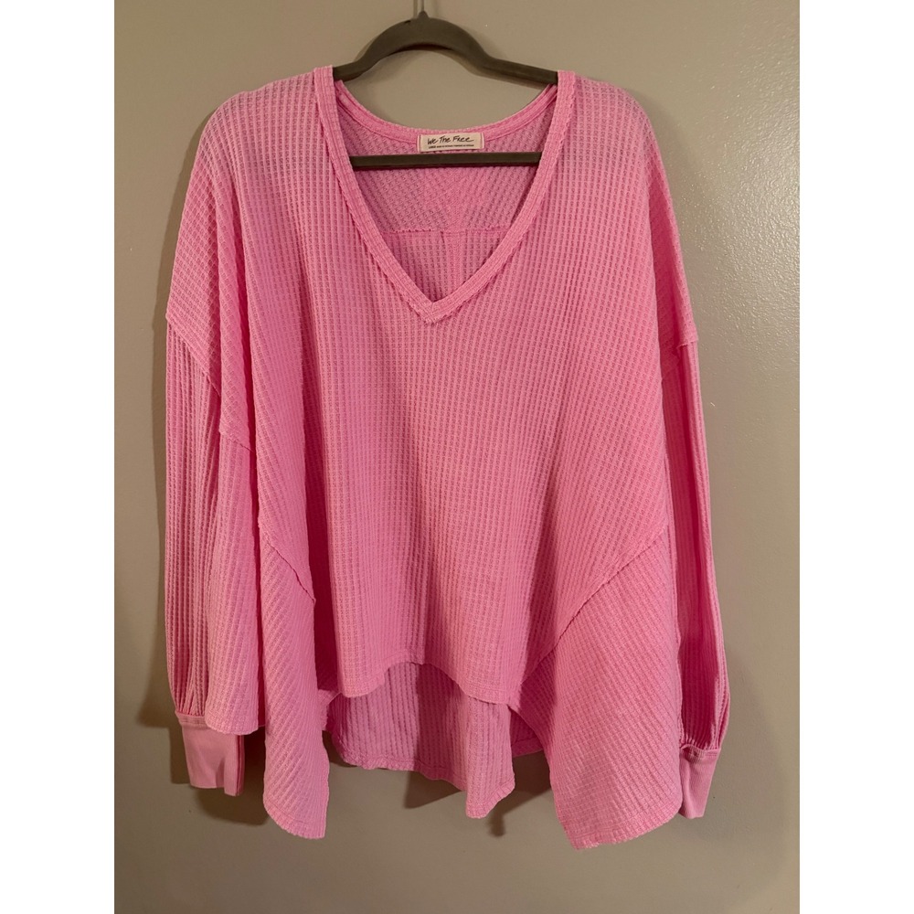 We The Free Free People Pink Waffle Knit Thermal V-Neck Oversized Top Large